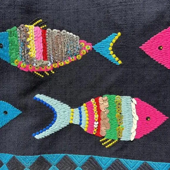 Talbots Petite Navy Twill Sequin Fish Embroidered Sheath Dress size 8 - Picture 6 of 9